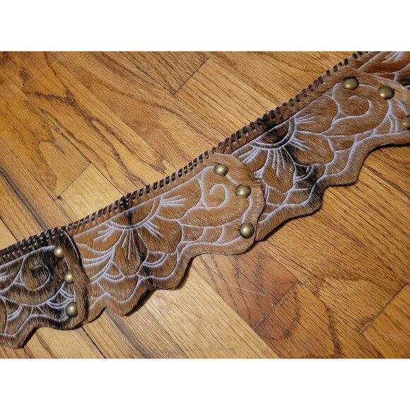 Handmade Wide Festival Belt Leather Cowhide Hair Fur Scalloped Floral Mandala main image 4